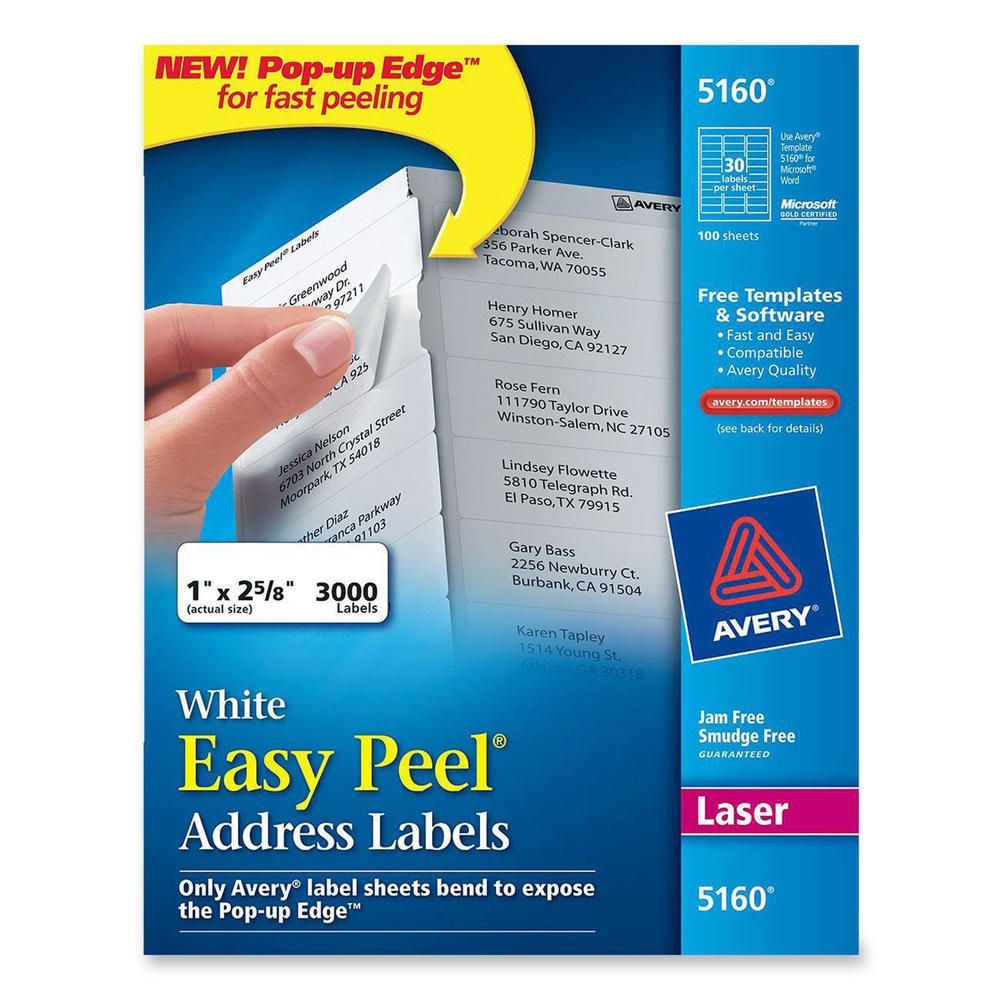 Avery 5160 Easy Peel Address Labels 1 x 2-5/8 3,000 Labels